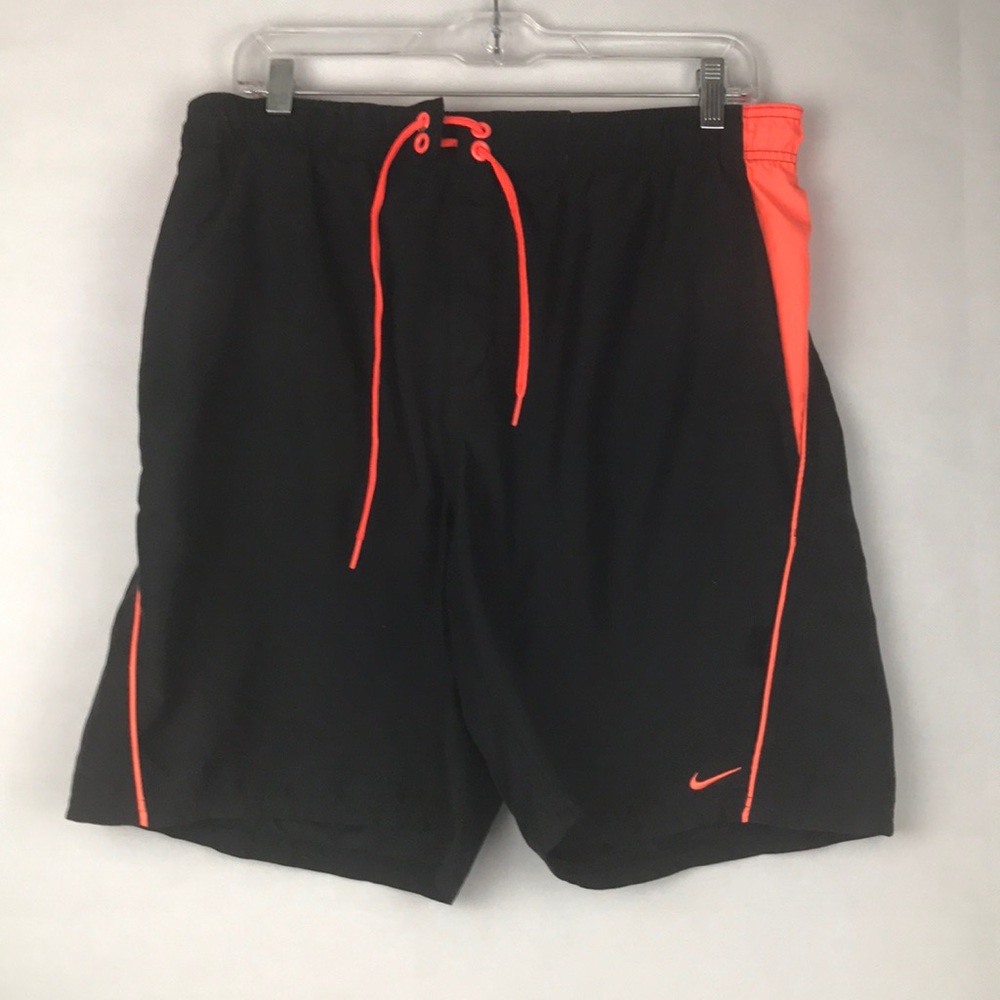Nike Men’s Size M Mesh Lined Drawstring Board Shorts Trunks Black Neon Orange